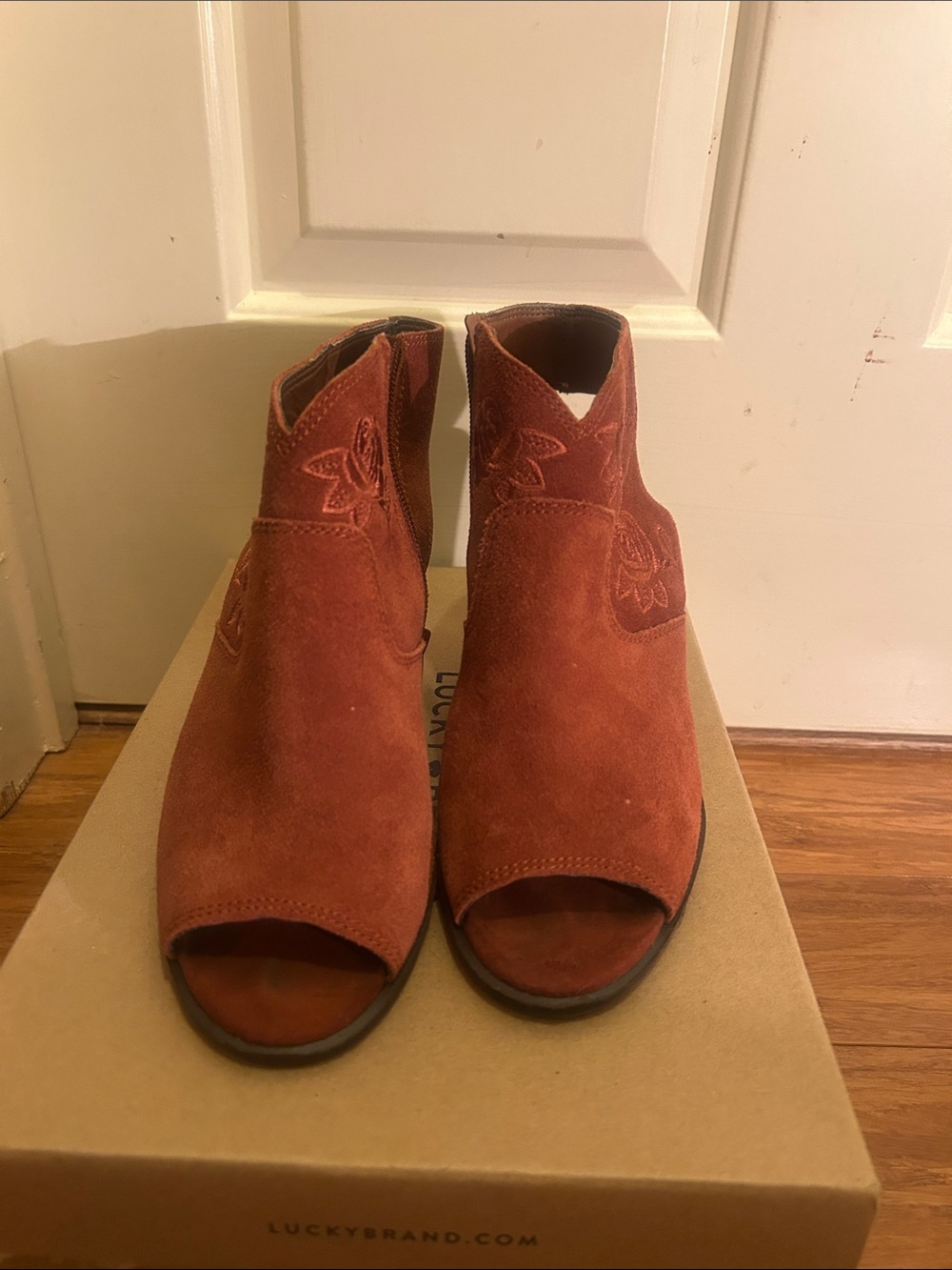 Lucky Brand Rust Suede Open-Toe Ankle Booties